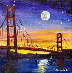 a painting of the golden gate bridge at night