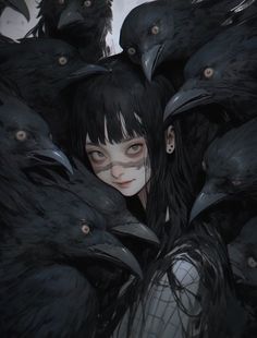 a girl surrounded by black birds with her eyes closed