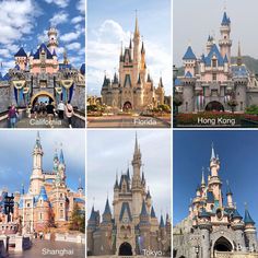 four different pictures of the same castle in various locations, including hong kong, shanghai, tokyo and disneyland