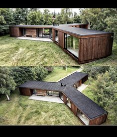 two pictures of a house in the middle of some grass and trees, one is made out of wood