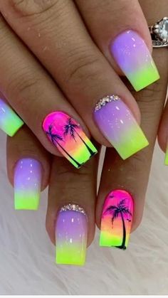 Summer Nail Art Designs Bright Colors, 40th Nails, Neon Toe Nails, Victoria Nails, Summer Nails 2023, Palm Tree Nails, Tropical Nails, Glow Nails