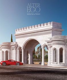 a red car is parked in front of a white building with columns and arches on the side