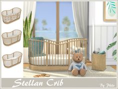 a teddy bear sitting in front of a crib