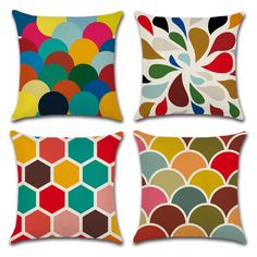 four colorful pillows with different shapes and colors on the front, one has an abstract design