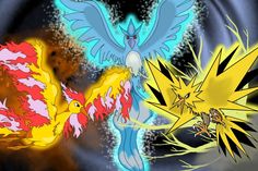 two different colored pokemons in front of a black and yellow background, one with red wings