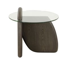 an oval glass table with wooden legs and a curved base on the top, against a white background