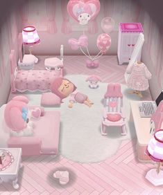 a pink bedroom with lots of furniture and decorations on the walls, including a baby's crib