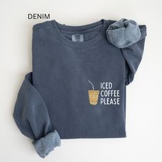 This Iced Coffee Please Sweatshirt is the perfect, cozy crewneck to wear while out shopping (with coffee in hand of course), or around the house. You can gift it to the iced coffee loving friend in your life too! We also offer a matching tshirt!: https://comfycutedesign.etsy.com/listing/1623861085 Sizing - These comfort colors sweatshirts are unisex fit and run true to size. They are a loose and relaxed fit. We recommend sizing up 1-2 sizes for an oversized fit. Each sweatshirt comes a rolled-fo Coffee Crew Neck Top For Loungewear, Casual Coffee Crew Neck Top, Casual Coffee-colored Crew Neck Top, Coffee Long Sleeve T-shirt With Letter Print, Coffee Color Crew Neck Top For Everyday, Winter Coffee Cotton Sweatshirt, Coffee Crew Neck Sweatshirt For Winter, Coffee Colored Crew Neck Sweatshirt For Winter, Coffee Color Crew Neck Sweatshirt For Winter