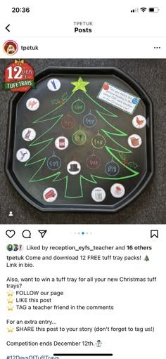 a black tray with writing on it and a christmas tree drawn on the bottom,