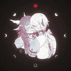 two anime characters hugging in the dark with moon and red light behind them at night