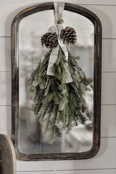 a mirror hanging on the wall with pine cones