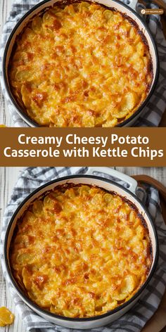 two photos showing how to make creamy cheesy potato casserole with kettle chips