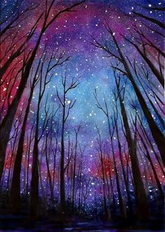 an acrylic painting of trees and the night sky