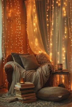 a living room filled with lots of lights next to a chair and pillows on top of a rug