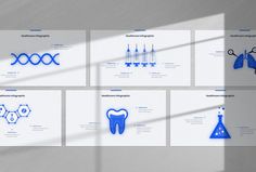 four presentation boards with blue and white graphics on them, including toothbrushes, microscopes, flasks and other items