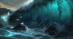 an artist's rendering of a giant wave in the ocean with birds flying over it