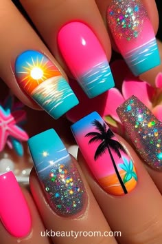 Bright nails are colorful and eye-catching, perfect for adding a pop of excitement to any look.  They are also a great choice for summer!  This post contains 39 ideas for bright nails, including: simple, cute, inspo, classy, elegant, fun, funky, edgy, neon, ideas, art, summer, designs, acrylic, short, for spring, almond. Cabo San Lucas Nail Ideas, Neon Vacation Nails, Summer Nails 2024, Tropical Nails, Colorful Nail Art, Fancy Nails Designs, Vibrant Nails, Colorful Nail, Bright Nails