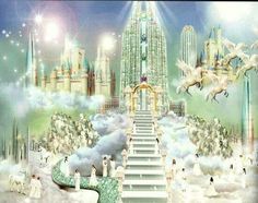 an image of a stairway leading up to the sky with angels and unicorns on it