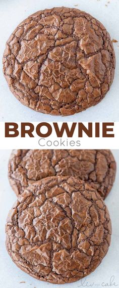 three chocolate cookies are stacked on top of each other with the words brownie cookies above them