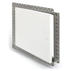 a white wall mounted mirror with holes in the middle and an aluminum frame around it