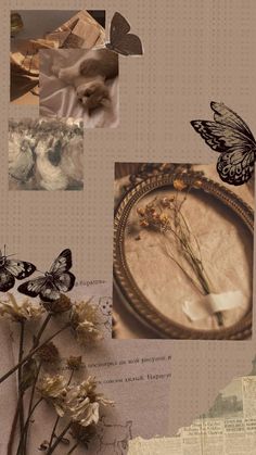 collage of images with flowers and butterflies on them, including an old paper background