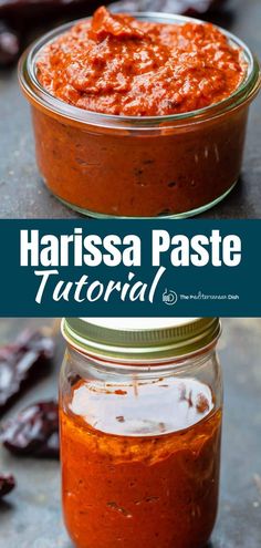 two jars filled with marinara sauce on top of each other and the words harissa paste