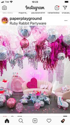 the instagram page for ruby rabbit partyware is displayed with pink balloons and streamers