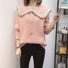 Doll Collar Pure Color Knit Sweater Cardigan Cute Long Sleeve Knitted Top, Cute Knitted Sweater For Winter, Cute Knitted Tops For Winter, Feminine Long Sleeve Knit Cardigan, Feminine Long Sleeve Sweater For Layering, Knitted Feminine Tops For Winter, Feminine Long Sleeve Cardigan For Layering, Feminine Knitted Tops For Winter, Cute Long Sleeve Soft Knit Sweater