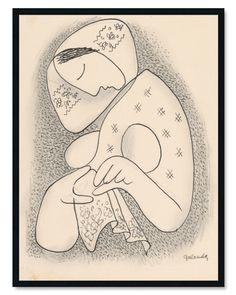 a black and white drawing of a woman holding a baby