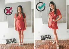 two pictures of a woman in a red dress posing for the camera with her hands on her hips