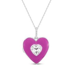 You best memories will be even sweeter when contained in this adorable heart-shaped locket necklace. Sterling silver A bezel-set heart-shaped white lab-created sapphire centers the pink enamel pendant Round white lab-created sapphires shimmer on the bail 18-inch cable chain with lobster clasp Sterling Silver Locket Necklace, Enamel Locket, Material Things, White Lab, Pink Enamel, Accessories Jewelry Necklace, Love Spells, Necklace Sterling Silver, Locket Necklace