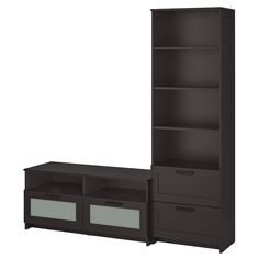 an entertainment center with two drawers and a bookcase