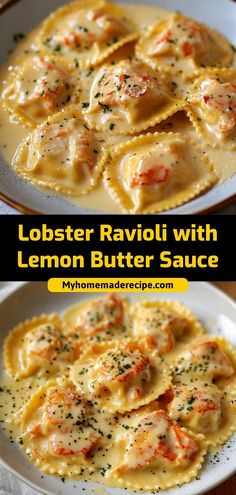 lobster ravioli with lemon butter sauce in a white bowl