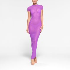 This rhinestone-adorned, maxi cover up swim dress was made to turn heads. Features an elevated sheer mesh fabric and a high crew neckline. Fits true to size. | SKIMS Mesh Rhinestone Cover Up Long Dress | Purple | 4X | Mesh Rhinestone Cover Ups Chiffon Cover Up, Long Sleeve Shrug, Long Sleeve Swim, Skirt Coverup, Layered T Shirt, Tube Skirt, White Crewneck, Long Tank, Mini Tank Dress