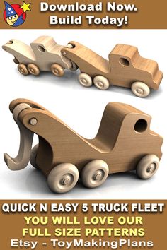 a wooden toy truck with wheels on it and the words build today written in white