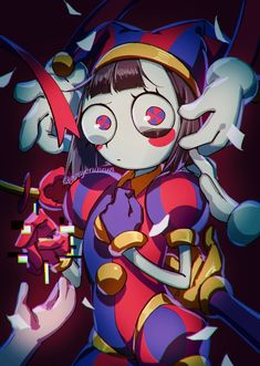 a cartoon character with an evil look on her face and arms, standing in front of a dark background