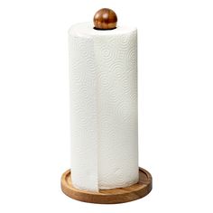 a white toilet paper holder with a wooden ball on it's top and bottom