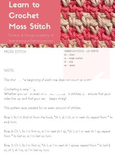 the crochet moss stitch pattern is shown with instructions for how to use it