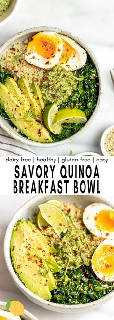 two bowls filled with different types of food and the words savory quinoa breakfast bowl