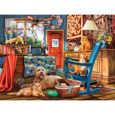 a dog and two cats are sitting on the floor in front of a room full of toys