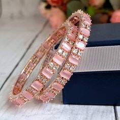 Pink and Rose Gold American Diamond CZ Bangles. Pair of two Kangan. available size 2.8 Pink Gold Bangle Jewelry For Party, Pink Gold Bangle For Party, Pink Gold Bangle For Wedding, Cz Bangles, Jewelry Pakistani, Bangles Set, Rose Gold Bangle, Hand Painted Earrings, Pearl Jewelry Wedding