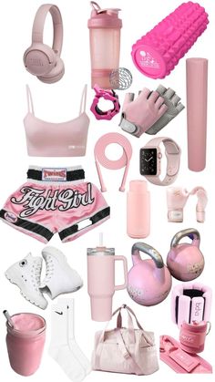 the contents of a barbie doll's pink outfit and accessories are arranged on a white background