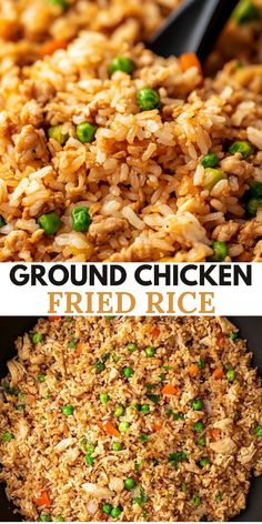 ground chicken fried rice in a pan with peas and carrots