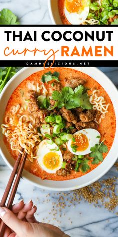 Try this cozy soup recipe for dinner! You're going to love this Thai Curry Coconut Ramen. There's nothing like a bowl of this Thai red curry noodle soup that's full of flavor! Plus, it's an easy family dinner in just 30 minutes! Dinner Ramen Recipes, Comfort Bowl Recipe, Lunch Ideas Asian Food, Thai Curry Soup Vegetarian, Thai Noodle Bowls, Thai Coconut Curry Ramen, Easy Ramen Noodle Bowl Recipes, Gyoza Ramen Soup, Panang Curry Noodles