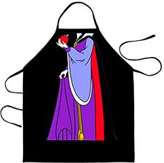 an apron with the image of evil queen in purple and red, on it's front