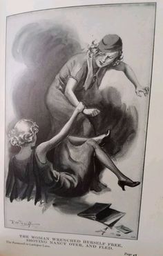 an old drawing of a woman being dragged by a man