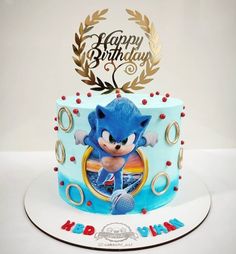 a blue birthday cake with sonic the hedgehog on top and happy birthday to you