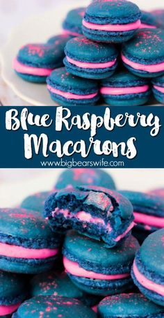 blue raspberry macarons are stacked on top of each other