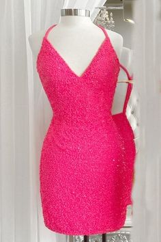 Halter Neon Pink Sequin Bodycon Mini Party Dress Neon Pink Dress For Dance, Neon Dresses Party, Hot Pink Fitted Dress, Pink Hoco Dress Short, Prom 2k22, Short Hot Pink Dress, Pink Hoco Dress, Hoco 2022, 30th Ideas