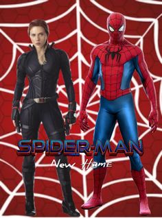 spider - man and black widow are standing next to each other in front of a red background